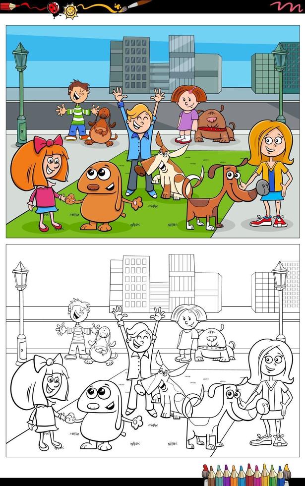 tekenfilm kinderen en honden karakters groep kleurboekpagina vector