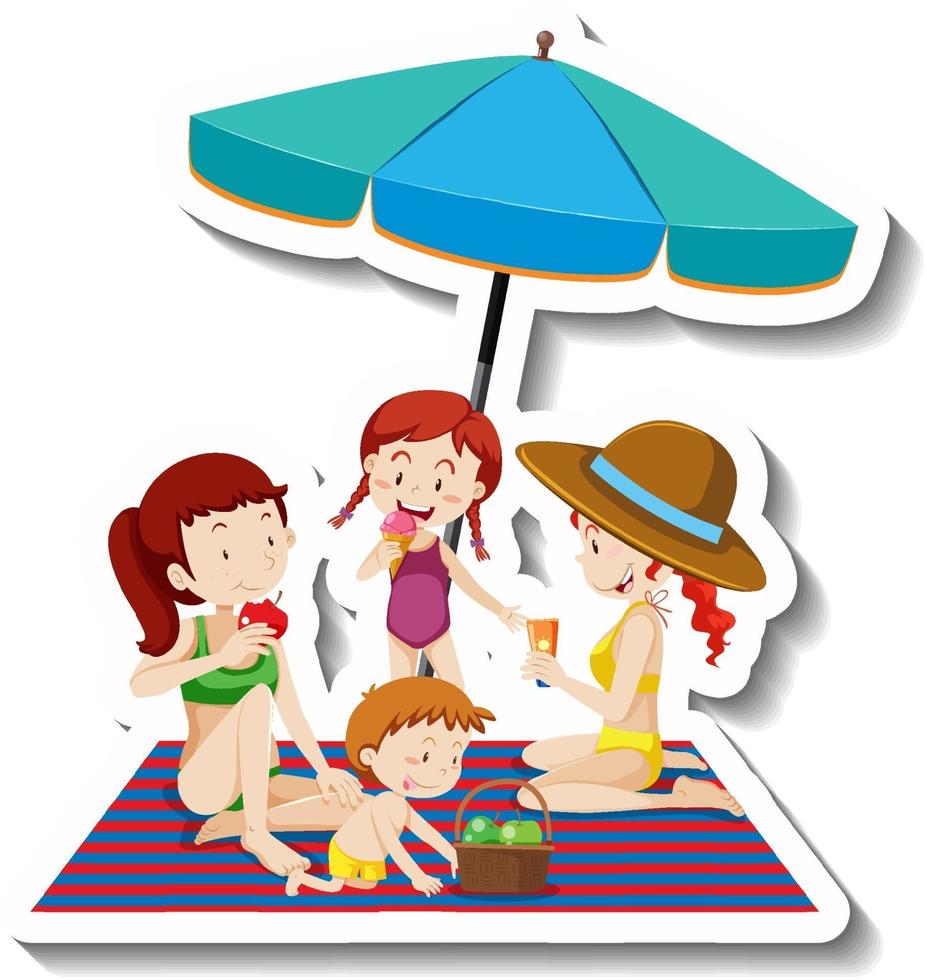 kinderen picknicken op het strand cartoon sticker vector