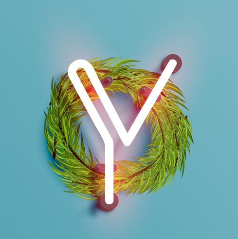 Neondoopvont van een fontset met de pijnboom van de Kerstmisdecoratie, vectorillustratie vector