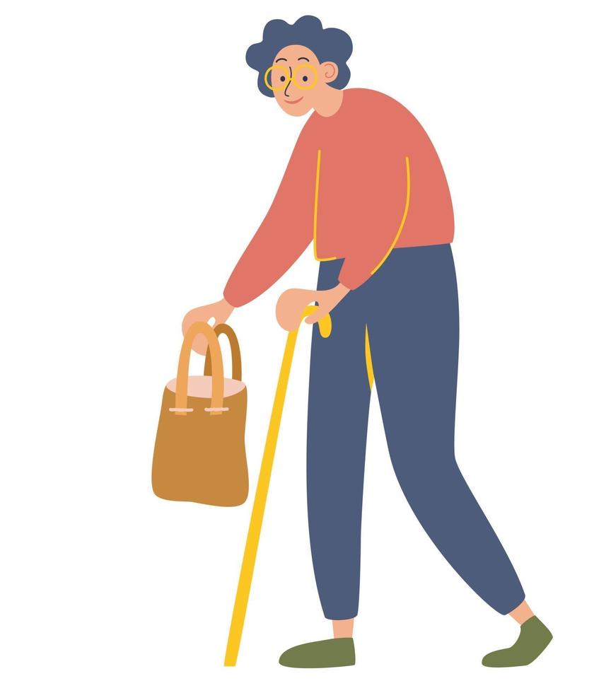 een oudere vrouw. grootmoeder met een tas en een wandelstok in haar handen. vector