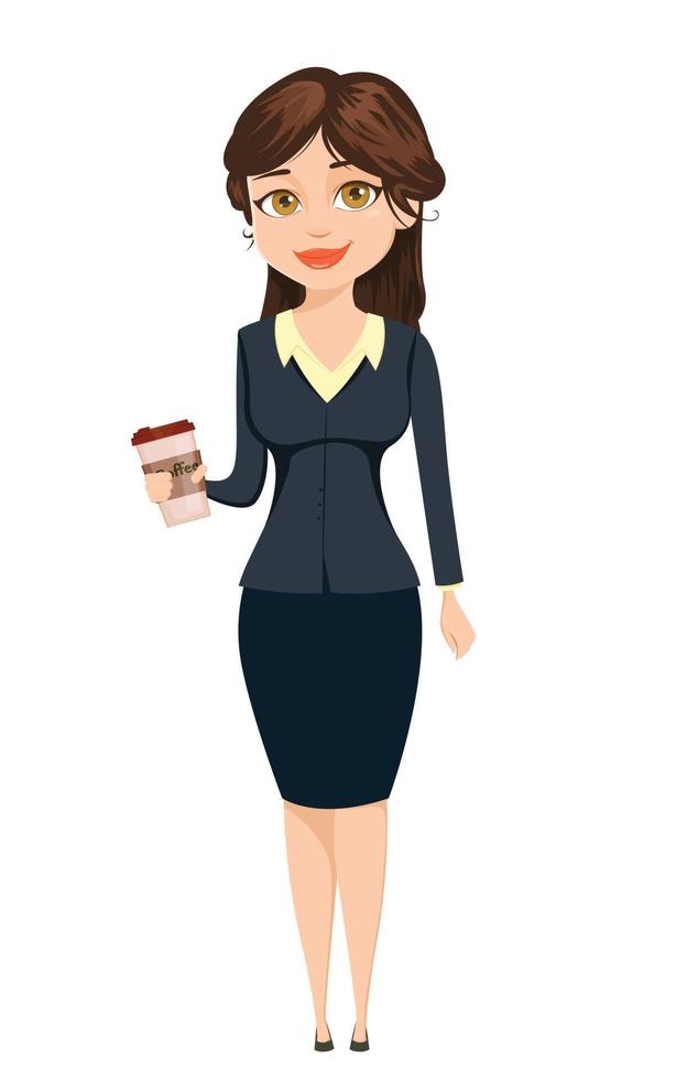 zakenvrouw permanent met koffie. schattig stripfiguur vector