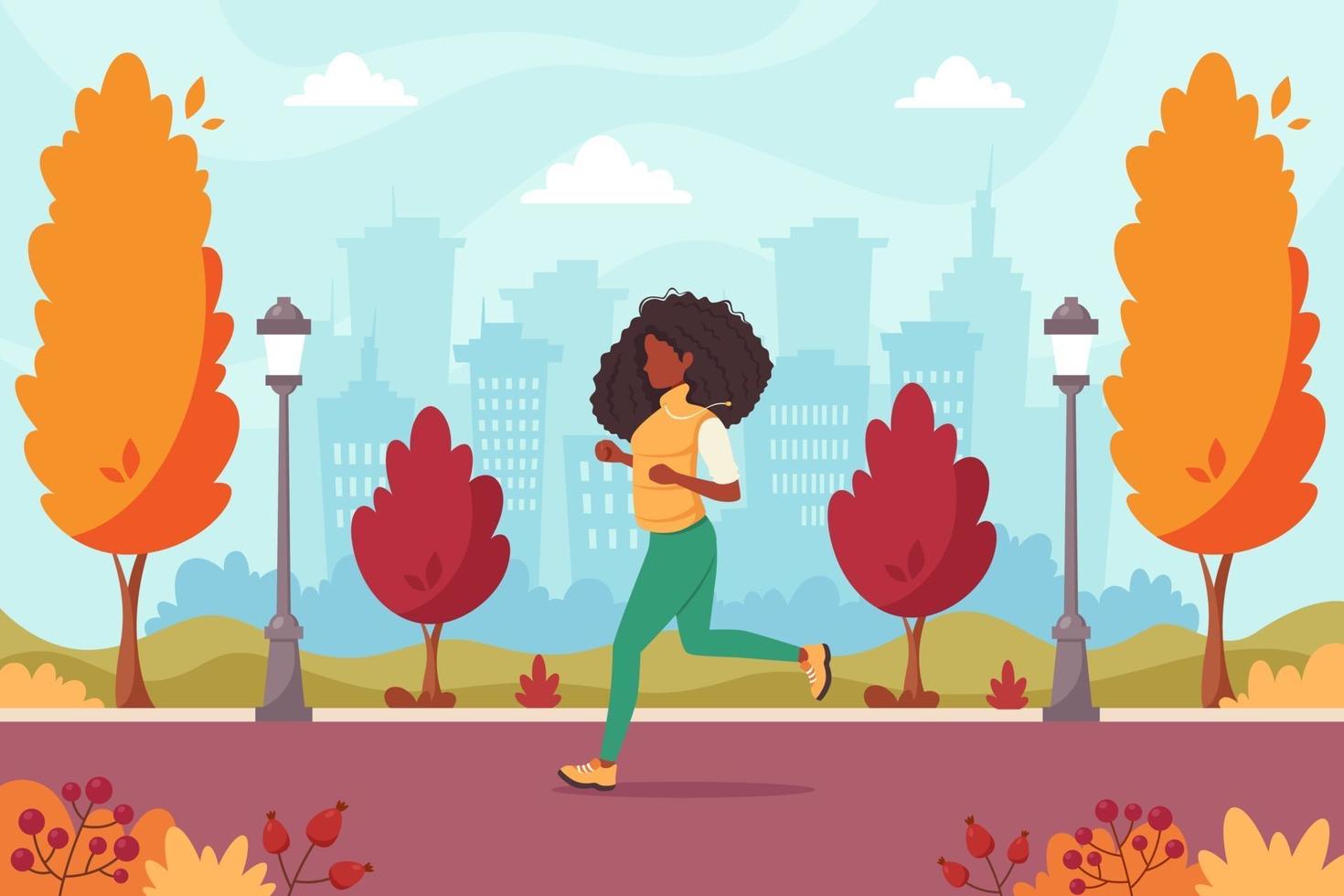 zwarte vrouw joggen in het herfstpark. gezonde levensstijl, sport vector