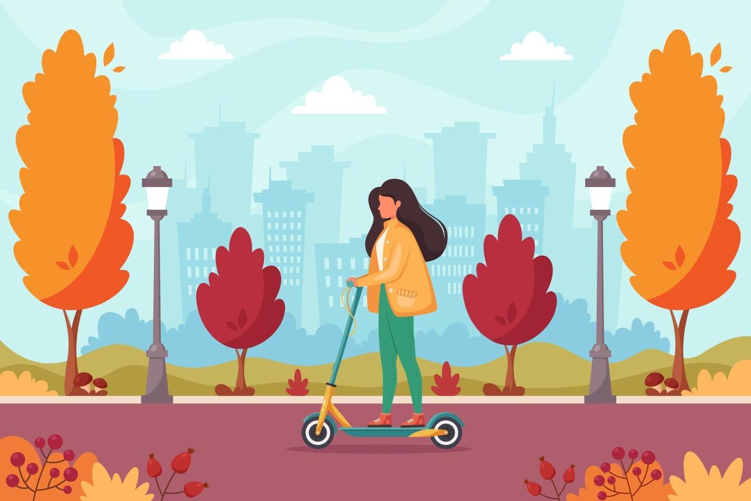 vrouw rijden elektrische scooter in herfst park. ecologisch vervoer vector