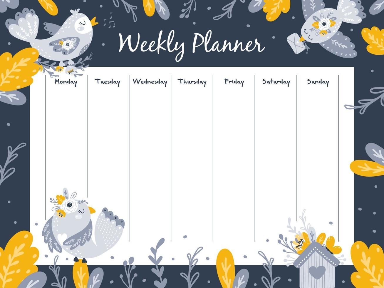 weekplanner met schattige vogels. vector