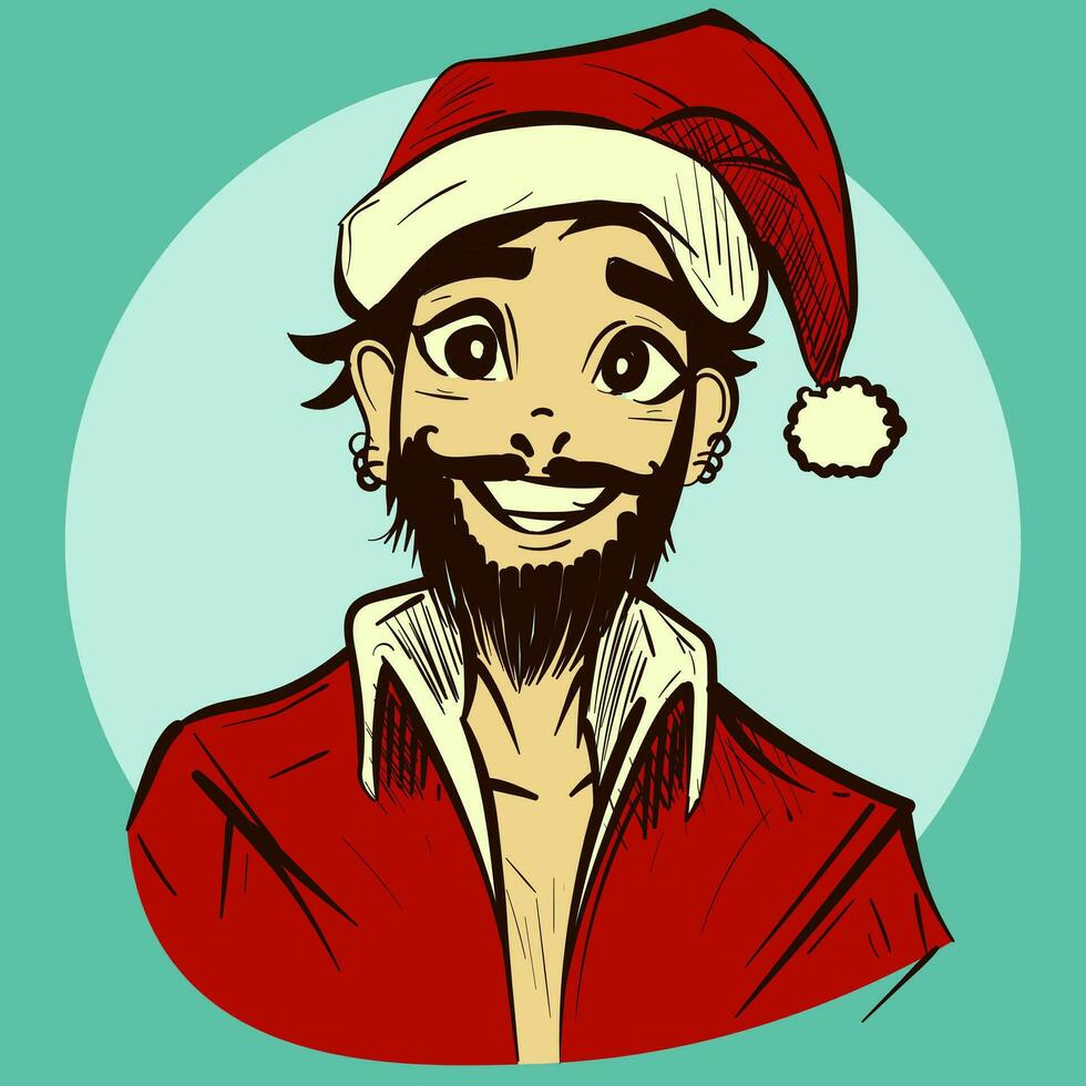 anime illustratie van een jong anime de kerstman claus met baard. wit en rood winter kleren. vrolijk Mens met een grijns en vakantie kleding vector