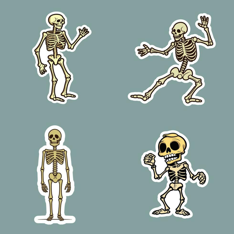 sticker van vier dansen skeletten Aan een blauw achtergrond vector