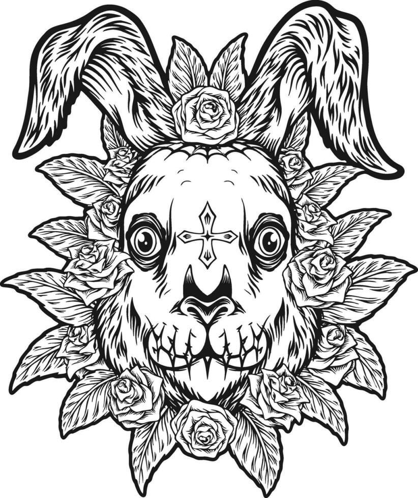 konijn bloemen suiker schedel monochroom vector illustraties voor uw werk logo, handelswaar t-shirt, stickers en etiket ontwerpen, poster, groet kaarten reclame bedrijf bedrijf of merken.