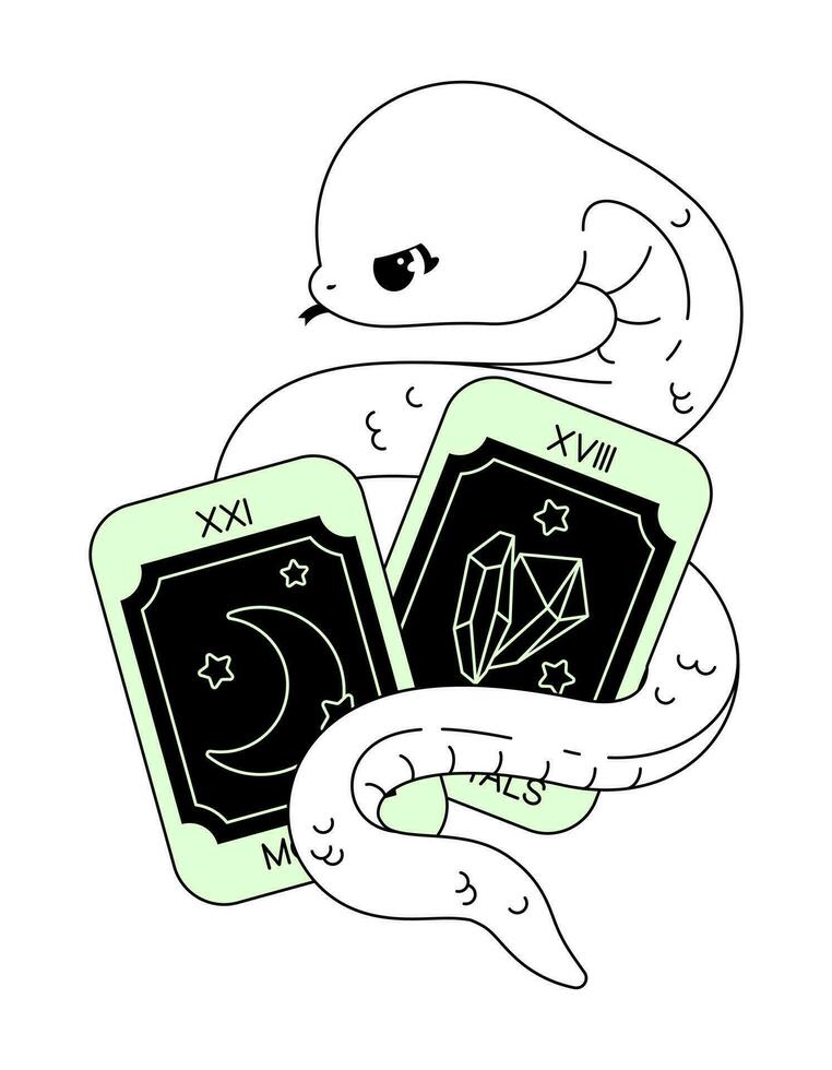 schets vector kawaii illustratie van schattig slang en tarot kaarten voor kleur