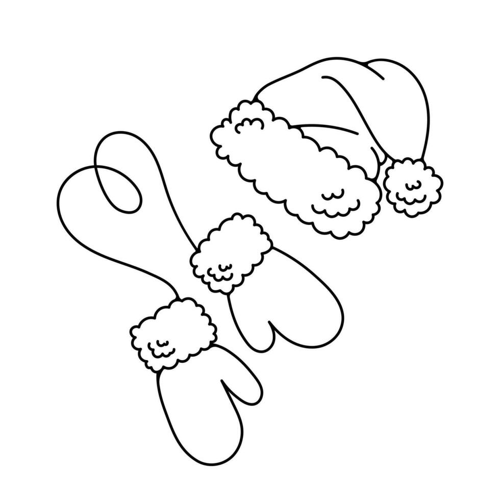 zwart en wit tekening van de kerstman claus hoed en wanten. winter vector reeks van accessoires in tekening stijl.