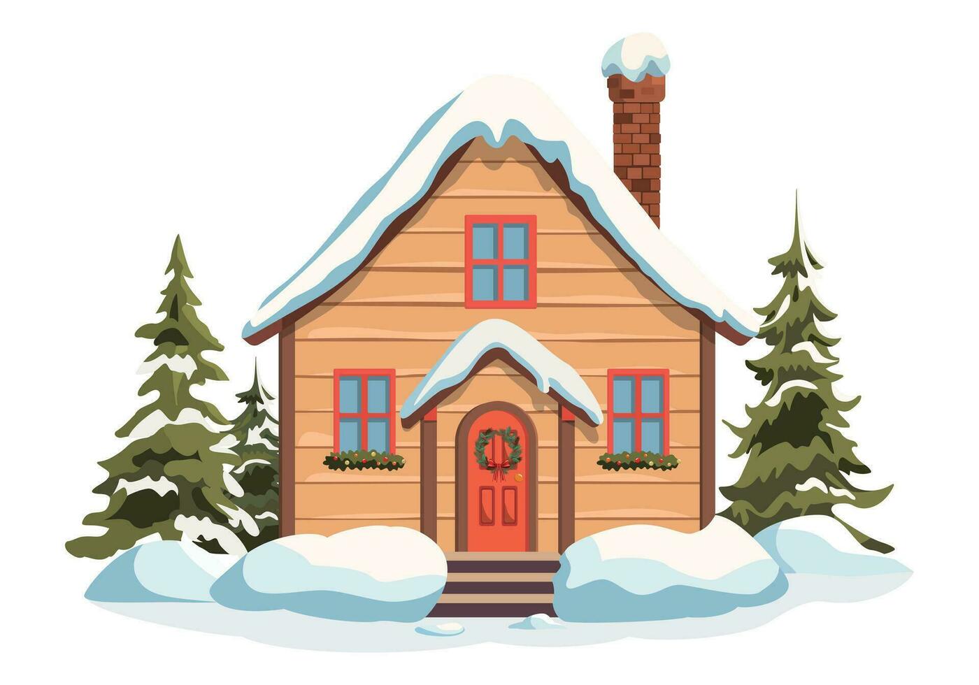 Kerstmis vakantie huis met feestelijk lauwerkrans. vector groet kaart. nieuw jaar winter vakantie huis met besneeuwd dak, schoorsteen en versierd ramen, en Spar bomen. geïsoleerd Aan wit achtergrond.