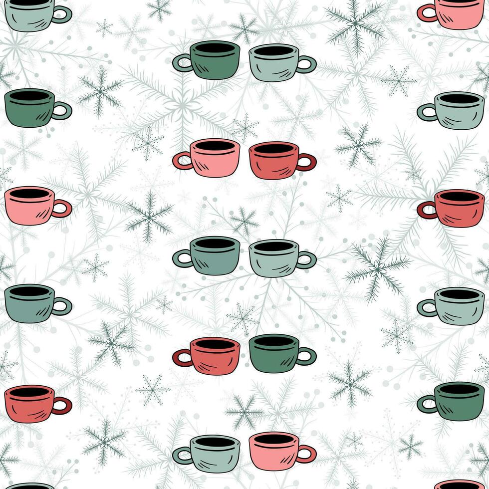 twee schattig winter mokken van koffie of thee en sneeuwvlokken naadloos patroon. hand- getrokken tekening paar- van koffie cups met sneeuwvlokken Aan een wit achtergrond. vector