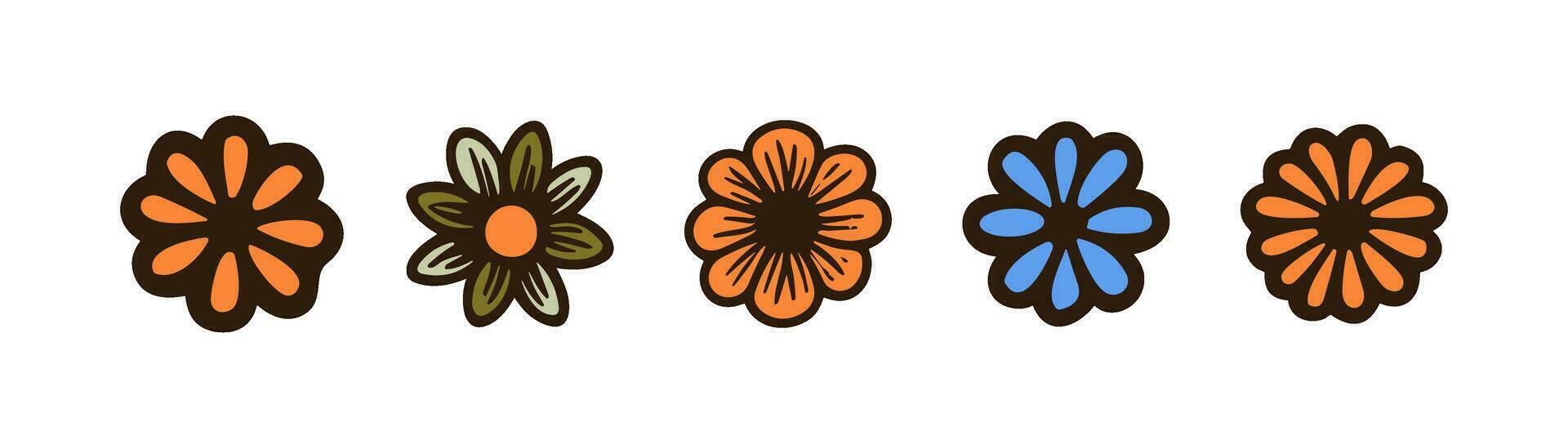 retro groovy bloemen icoon set. hippie stijl, wijnoogst jaren 70 gevoel, vrede concept. vlak vector illustratie, eps 10.