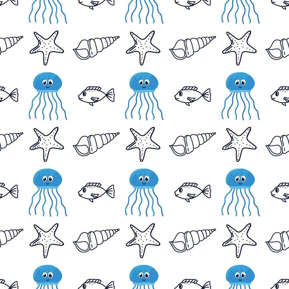 naadloos patroon met vis in de lijn stijl. omhulsel papier, textiel, structuur zee achtergrond vector