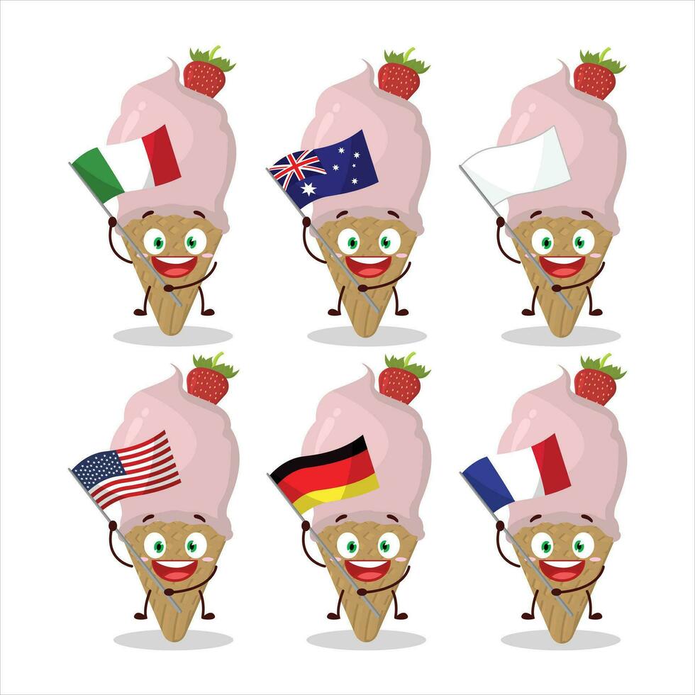 ijs room aardbei tekenfilm karakter brengen de vlaggen van divers landen vector