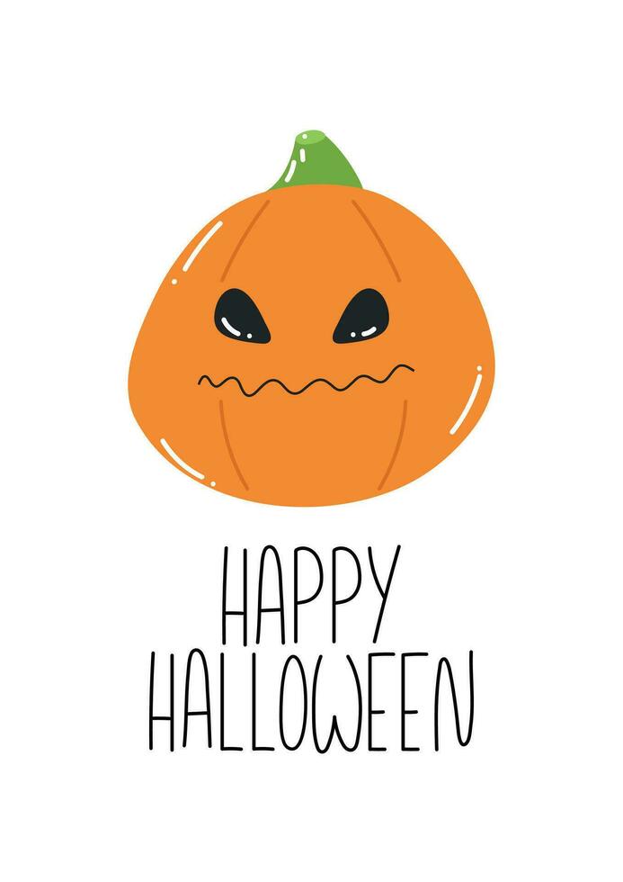 hand- getrokken tekening ansichtkaart met boos pompoen en gelukkig halloween belettering tekst. poster voor kinderen halloween feest. vector