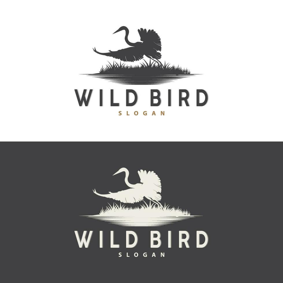 ooievaar vogel logo, reiger, gras, en rivier- ontwerp, vector gemakkelijk sjabloon illustratie