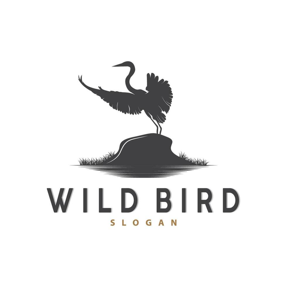 ooievaar vogel logo, reiger, gras, en rivier- ontwerp, vector gemakkelijk sjabloon illustratie