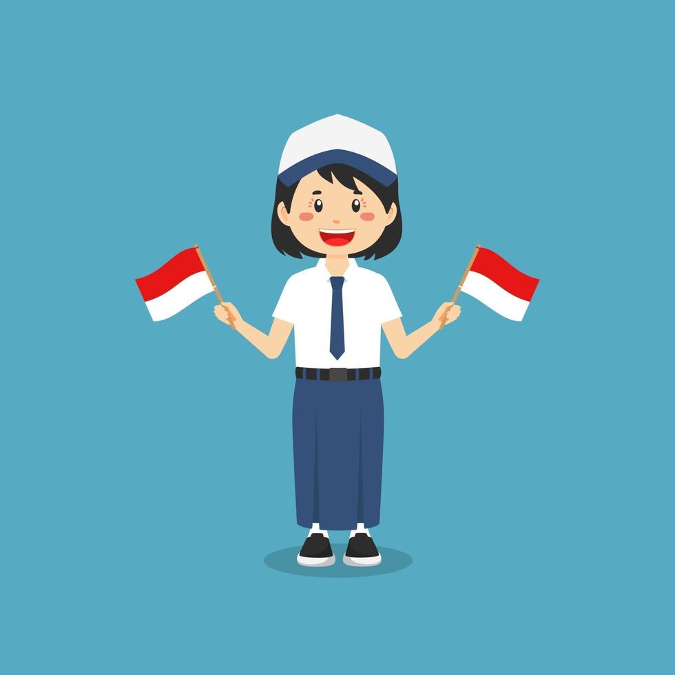 schattige Indonesische middelbare school met vlag Indonesië vector
