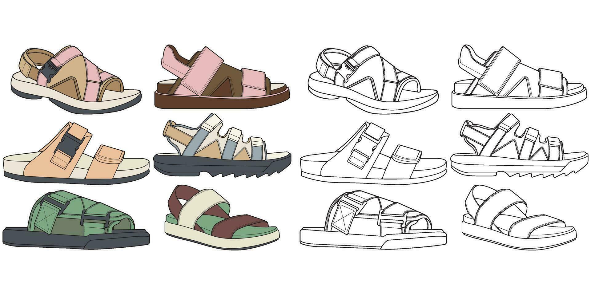 band sandalen kleur tekening vector, band sandalen getrokken in een schetsen stijl, bundelen band sandalen sjabloon vol kleur, vector illustratie.