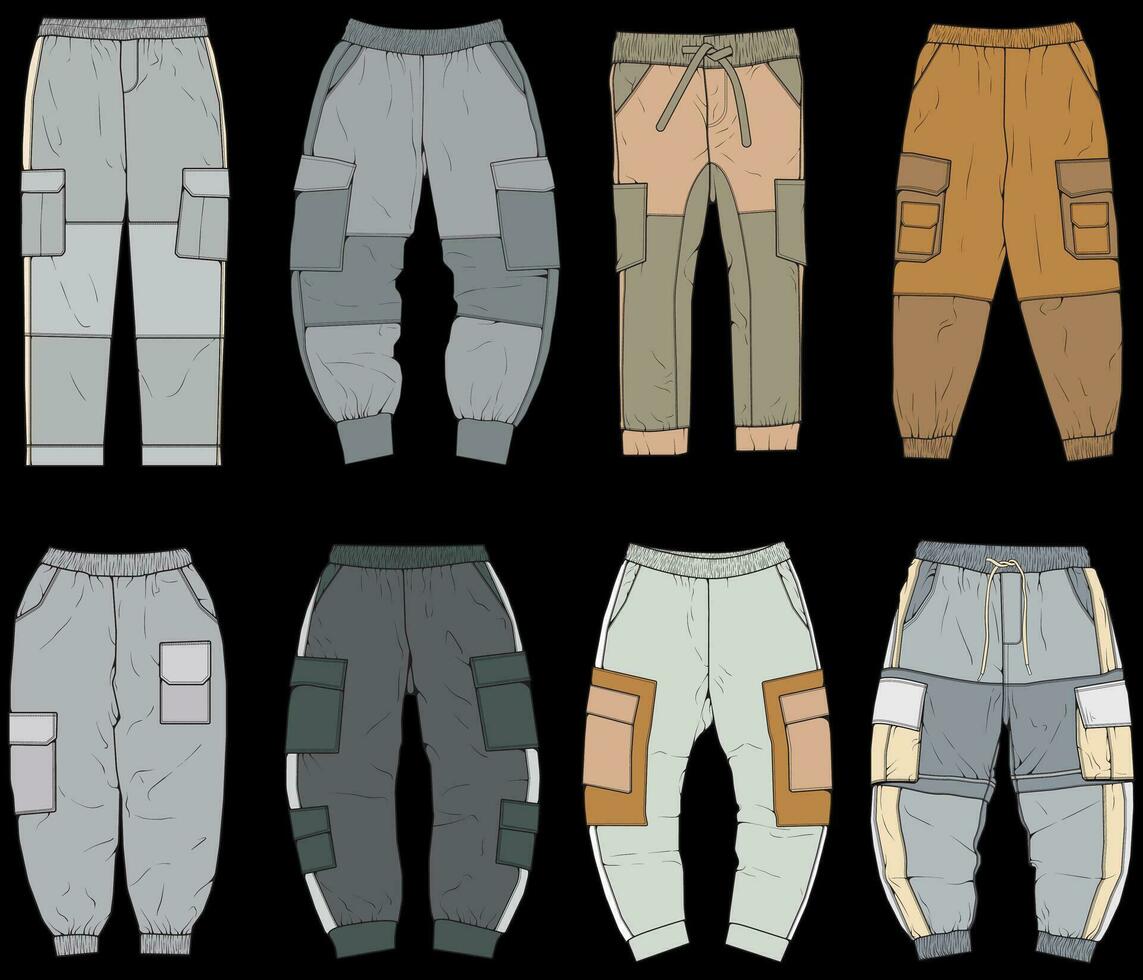 lading broek kleurrijk mode hand- tekening technisch sjabloon. lading zak- mode mockup voor opleiding. vector