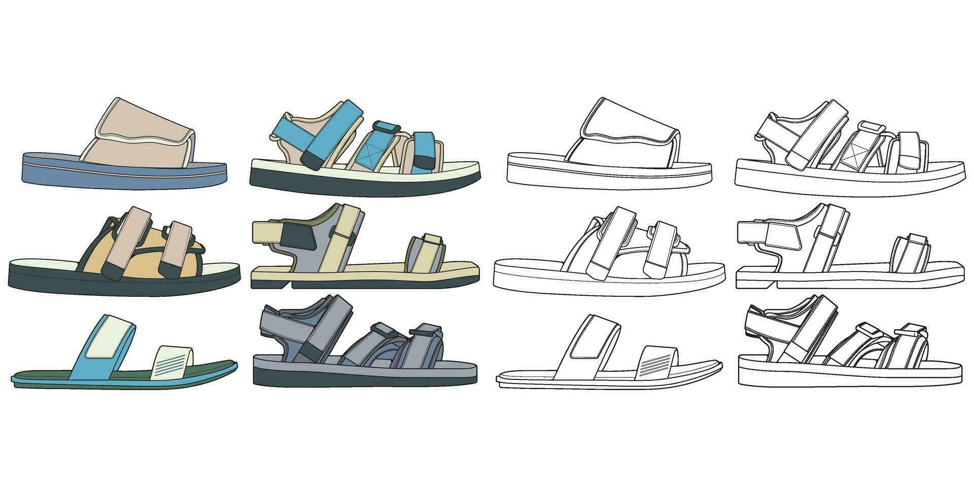 band sandalen kleur tekening vector, band sandalen getrokken in een schetsen stijl, bundelen band sandalen sjabloon vol kleur, vector illustratie.