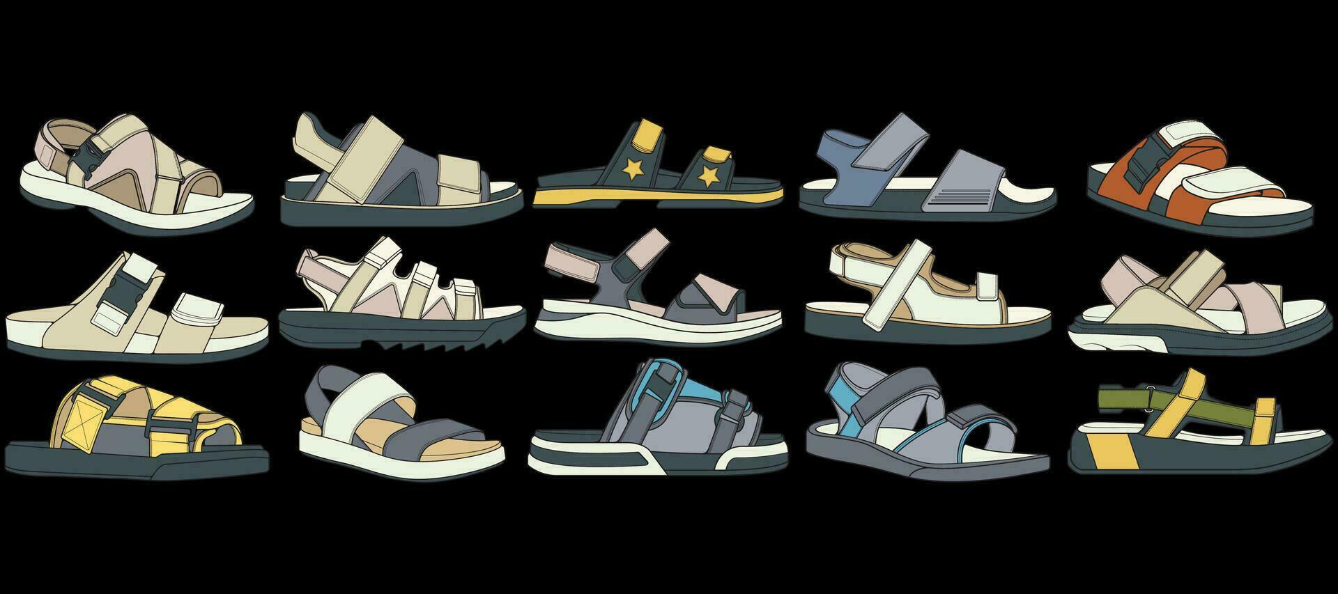 band sandalen kleur tekening vector, band sandalen getrokken in een schetsen stijl, bundelen band sandalen sjabloon vol kleur, vector illustratie.