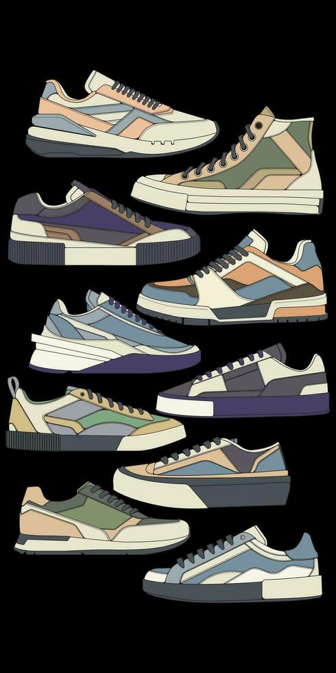 reeks van schoenen sneaker tekening vector, sportschoenen getrokken in een schetsen stijl, bundelen sportschoenen trainers sjabloon, vector illustratie.