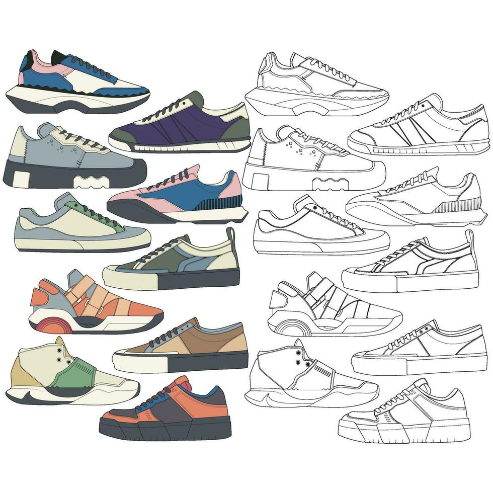 reeks van schoenen sneaker tekening vector, sportschoenen getrokken in een schetsen stijl, bundelen sportschoenen trainers sjabloon, vector illustratie.