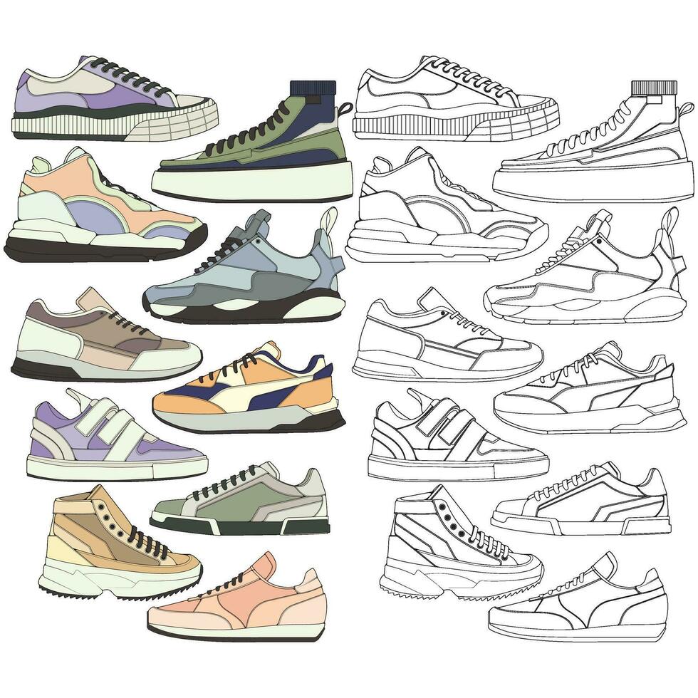 reeks van schoenen sneaker tekening vector, sportschoenen getrokken in een schetsen stijl, bundelen sportschoenen trainers sjabloon, vector illustratie.