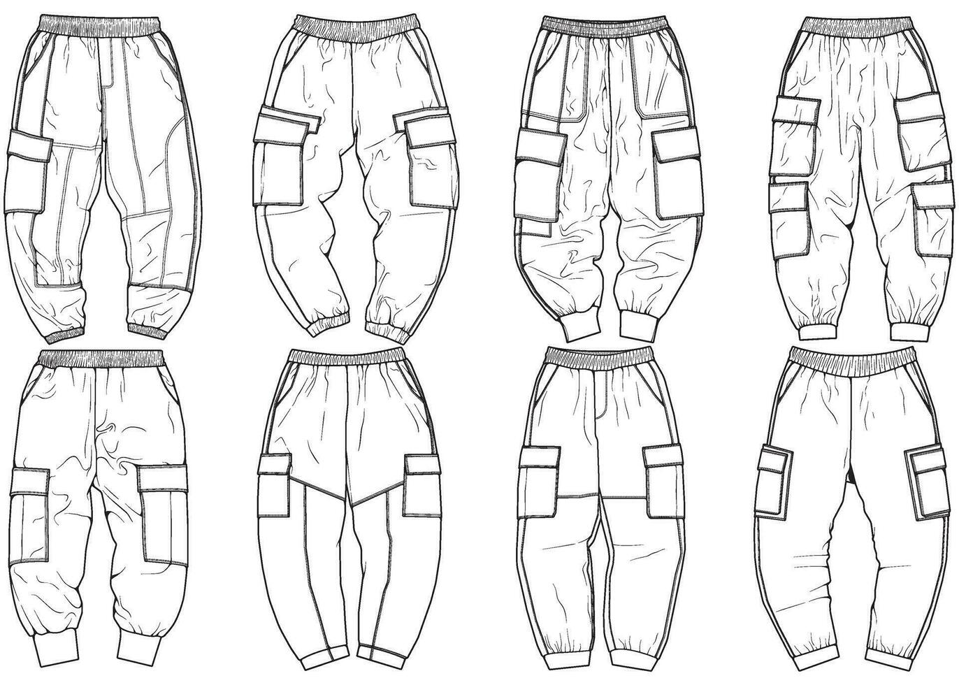 lading broek mode hand- tekening technisch sjabloon. lading zak- mode mockup voor opleiding. vector