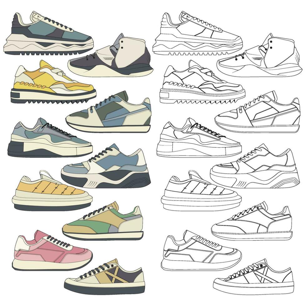 reeks van schoenen sneaker tekening vector, sportschoenen getrokken in een schetsen stijl, bundelen sportschoenen trainers sjabloon, vector illustratie.