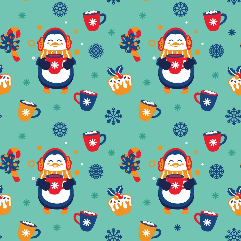schattig pinguïn drankjes heet cacao met marshmallows. Kerstmis kinderen afdrukken. naadloos afdrukken. vector. vector