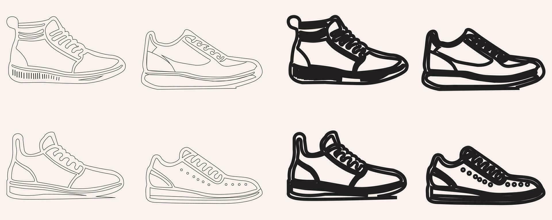 schoenen icoon verzameling. hoog hakken sandaal, laarzen, wandelen schoenen, sneakers, en andere dingen. een reeks van minimalistische vlak schets vector tekeningen Aan een wit achtergrond