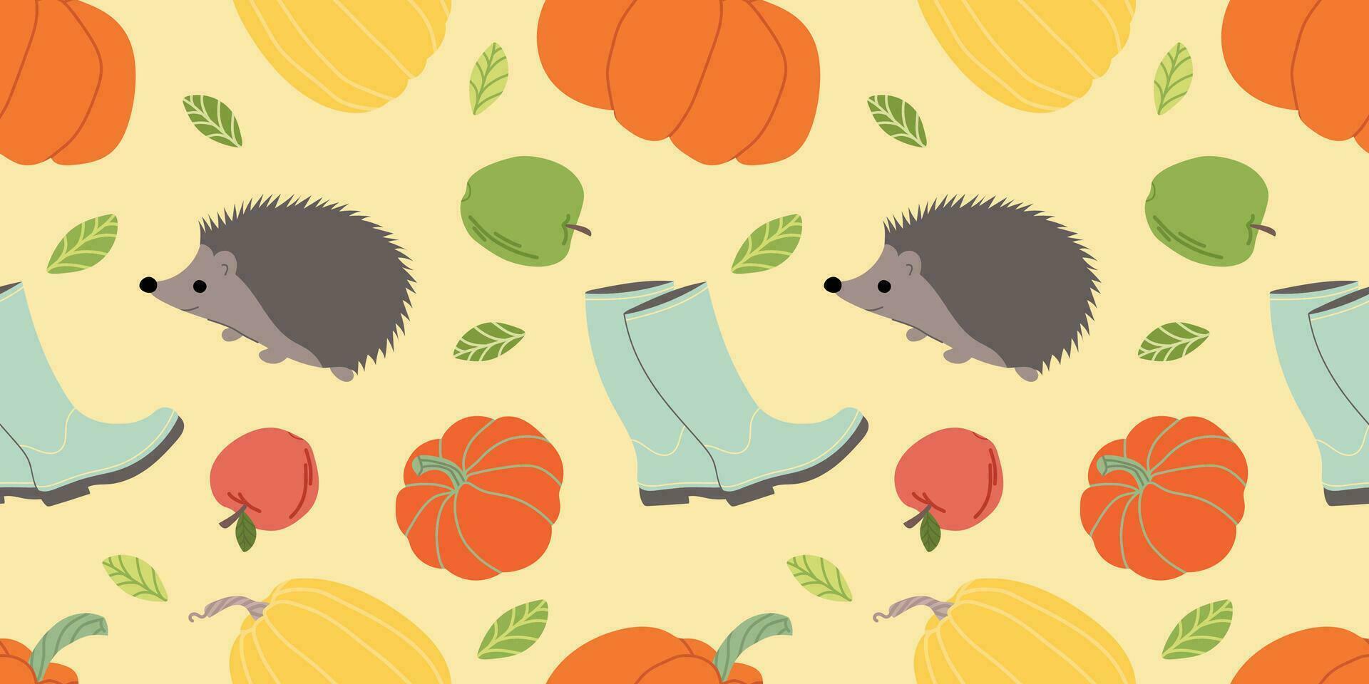 herfst naadloos patronen. patroon met appels, pompoenen, egel en rubber laarzen. kleurrijk oogsten naadloos patroon. herfst oogst illustratie. gebruikt voor papier, omslag, geschenk wrap, kleding stof vector