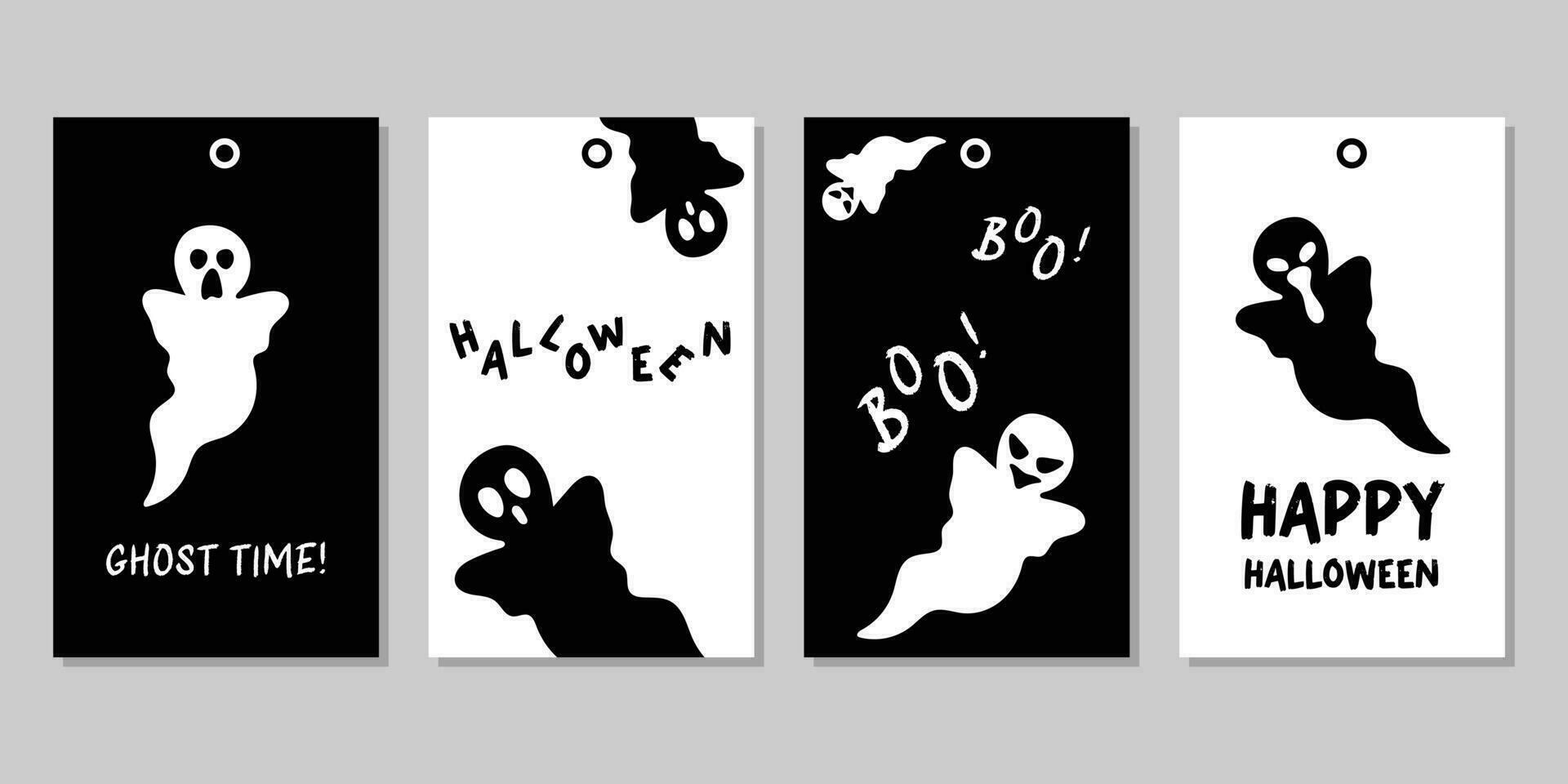 halloween geschenk tags met geest Aan zwart en wit achtergrond. vector