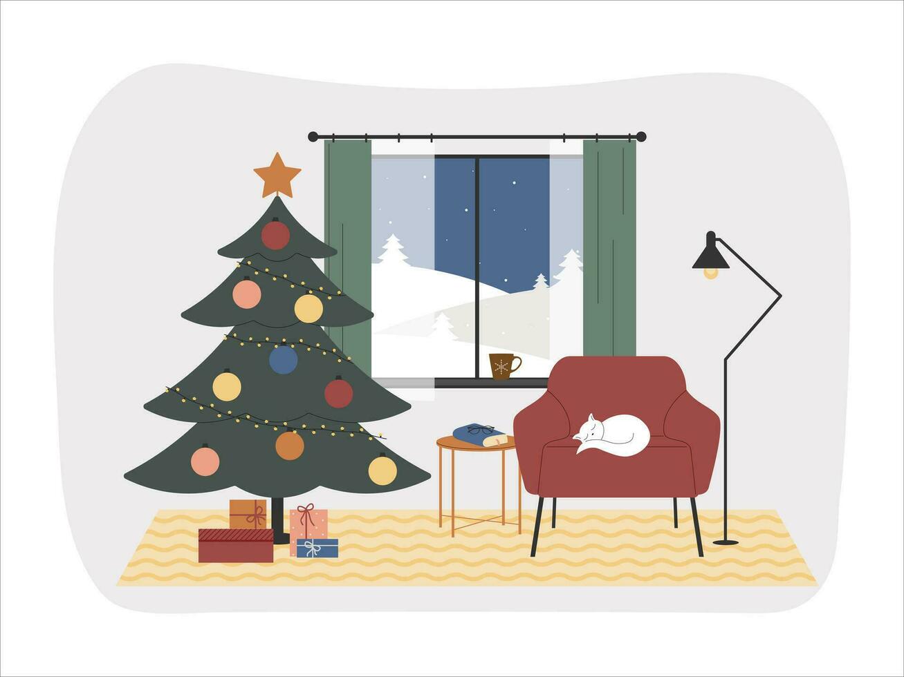 Kerstmis boom leven kamer interieur. winter vakantie Oppervlakte met besneeuwd venster. Kerstmis geschenk dozen en nieuw jaar decoraties. behaaglijk tekenfilm vector tafereel