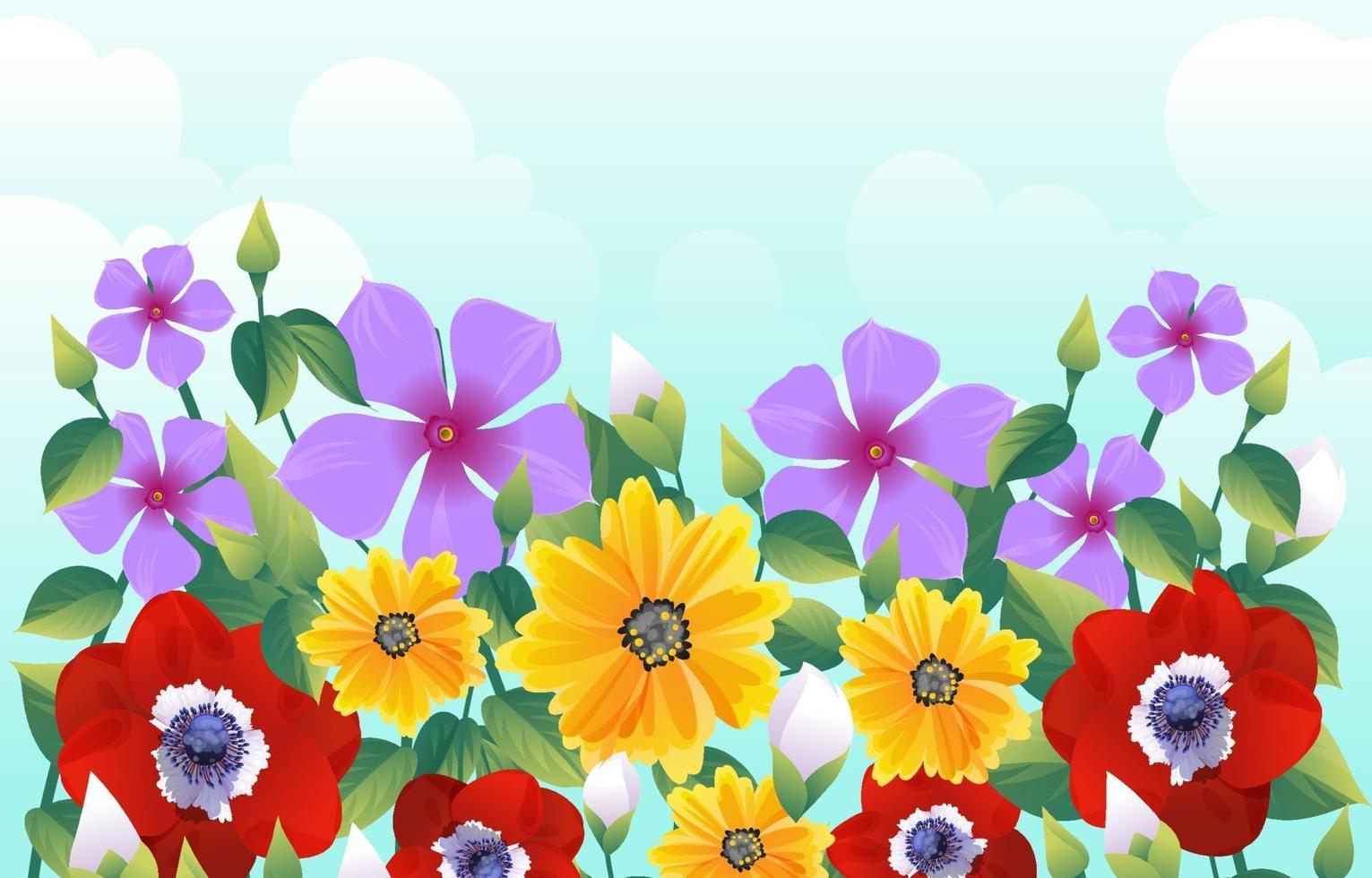 kleurrijke bloemen met hemelachtergrond vector