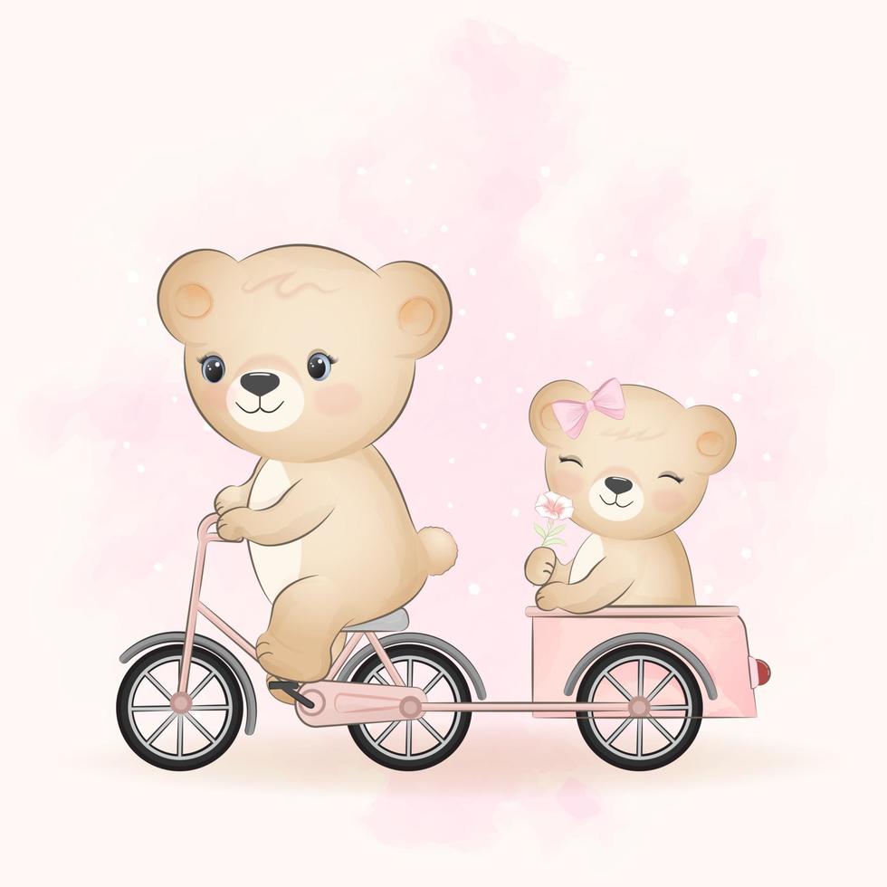 schattige beer op een fiets met kleine beer in aanhanger vector