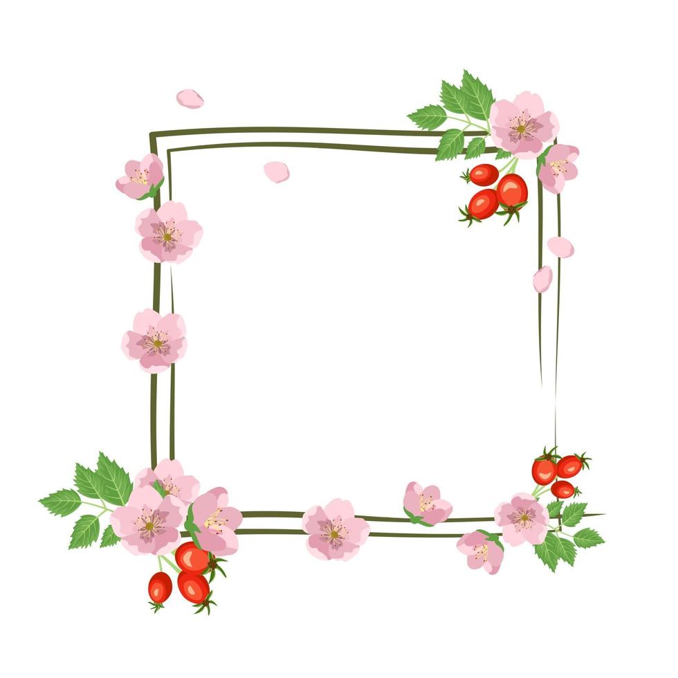 rozenbottel krans. vierkant frame, schattige roze bloemen roze rood fruit vector