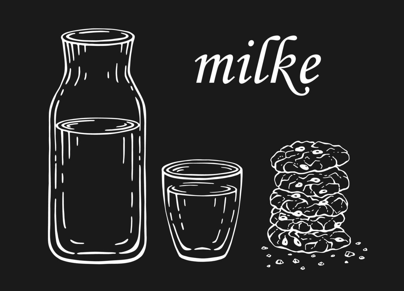 fles en glas en havermoutkoekjes. hand getekende illustratie. vector