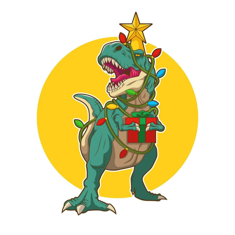 tyrannosaurus Kerstmis boom rex kaart. dinosaurus in de kerstman hoed siert Kerstmis boom slinger lichten. vector illustratie van grappig karakter in tekenfilm