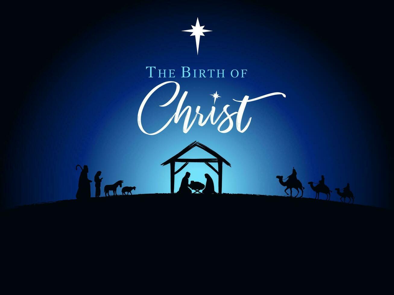 de geboorte van Christus met herders en wijs Heren. geboorte tafereel, silhouet van Jezus in kribbe vector