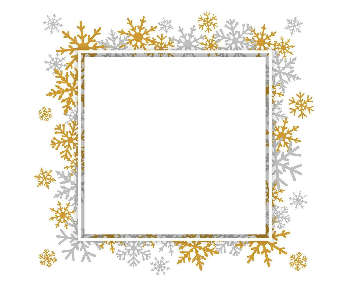 vrolijk Kerstmis en een gelukkig nieuw jaar vakantie kader met gouden en zilver sneeuwvlokken. winter seizoensgebonden achtergrond. wit vel van papier vector
