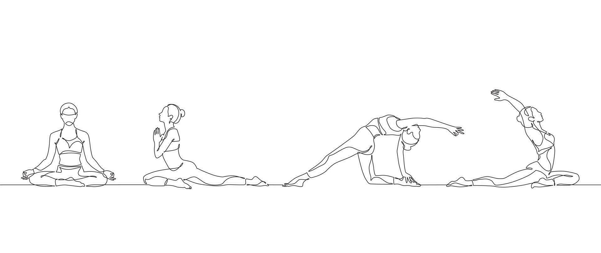 doorlopend een lijn tekening groep van Dames aan het doen yoga oefening minimalistische ontwerp vector