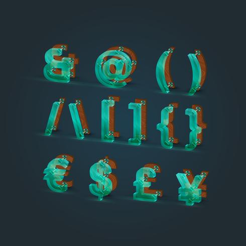 Realsitic glas en hout lettertype ingesteld, vector illustratie