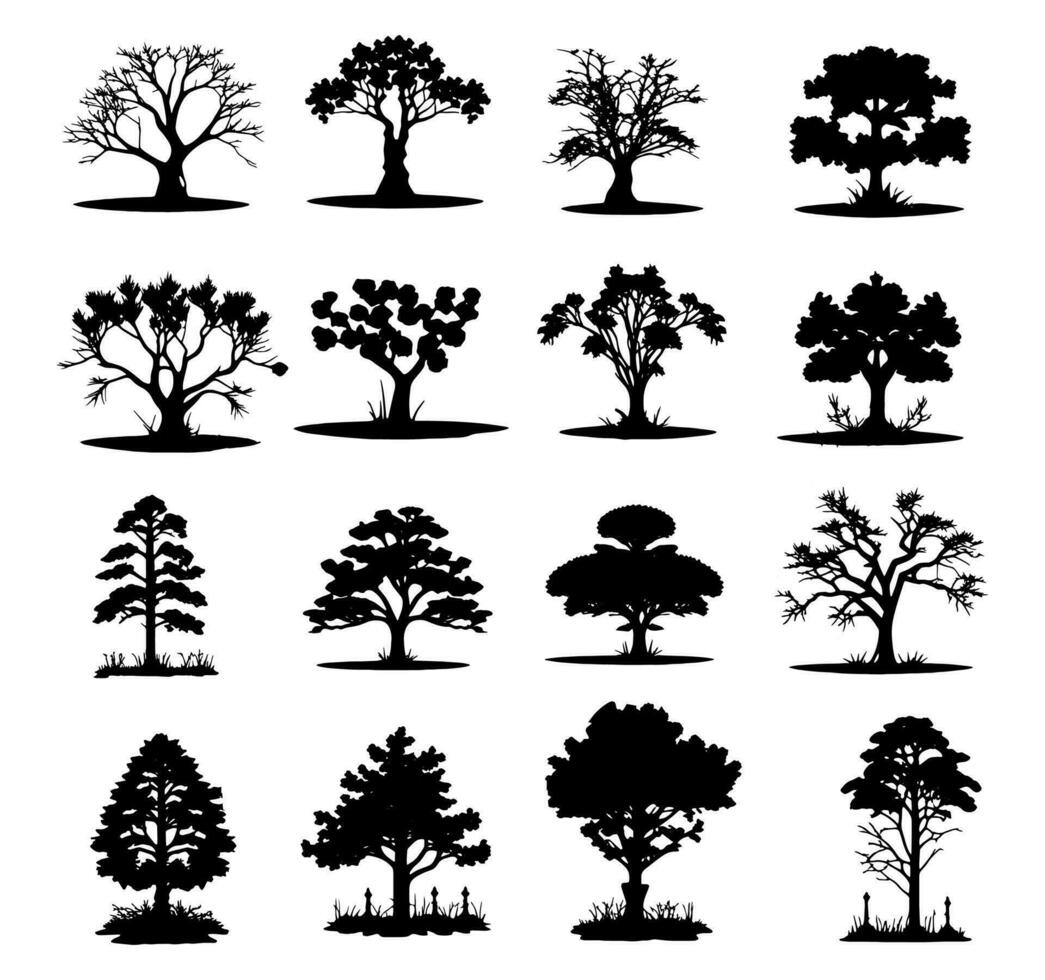 zwart silhouetten van divers bomen Aan een wit achtergrond vector