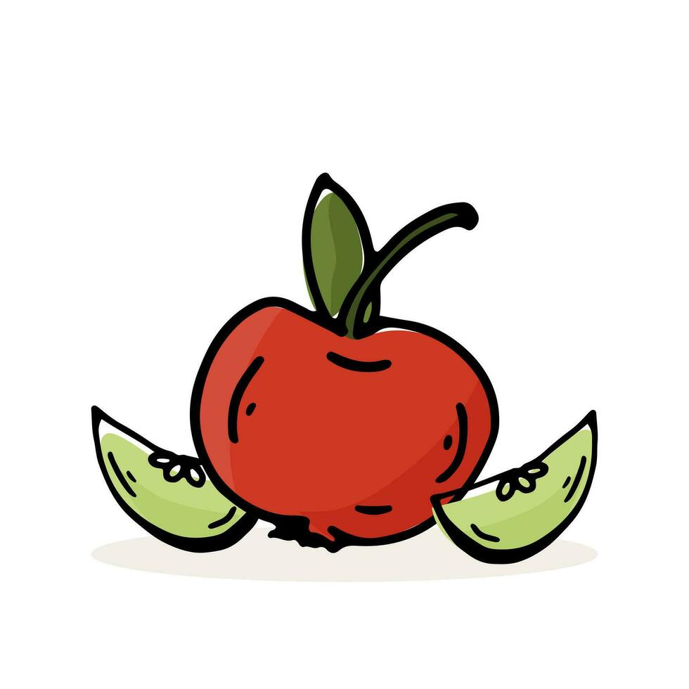 herfst rood appel met plakjes geïsoleerd vector. thema van oogst, voedsel. kleur tekening single fruit. vector