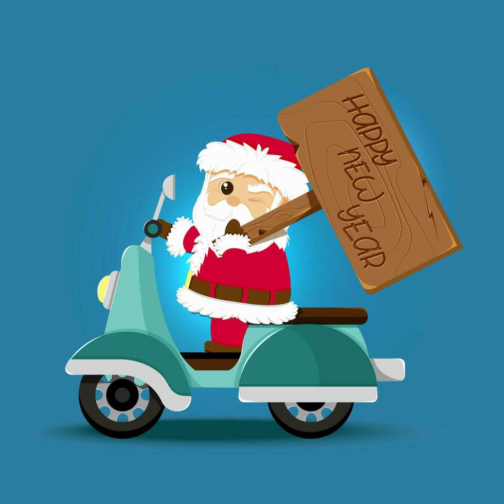 vector tekenfilm illustratie van gelukkig de kerstman claus rijden een scooter. Kerstmis vakantie thema ontwerp element voor groet kaarten, spandoeken, advertenties in hedendaags vlak stijl.