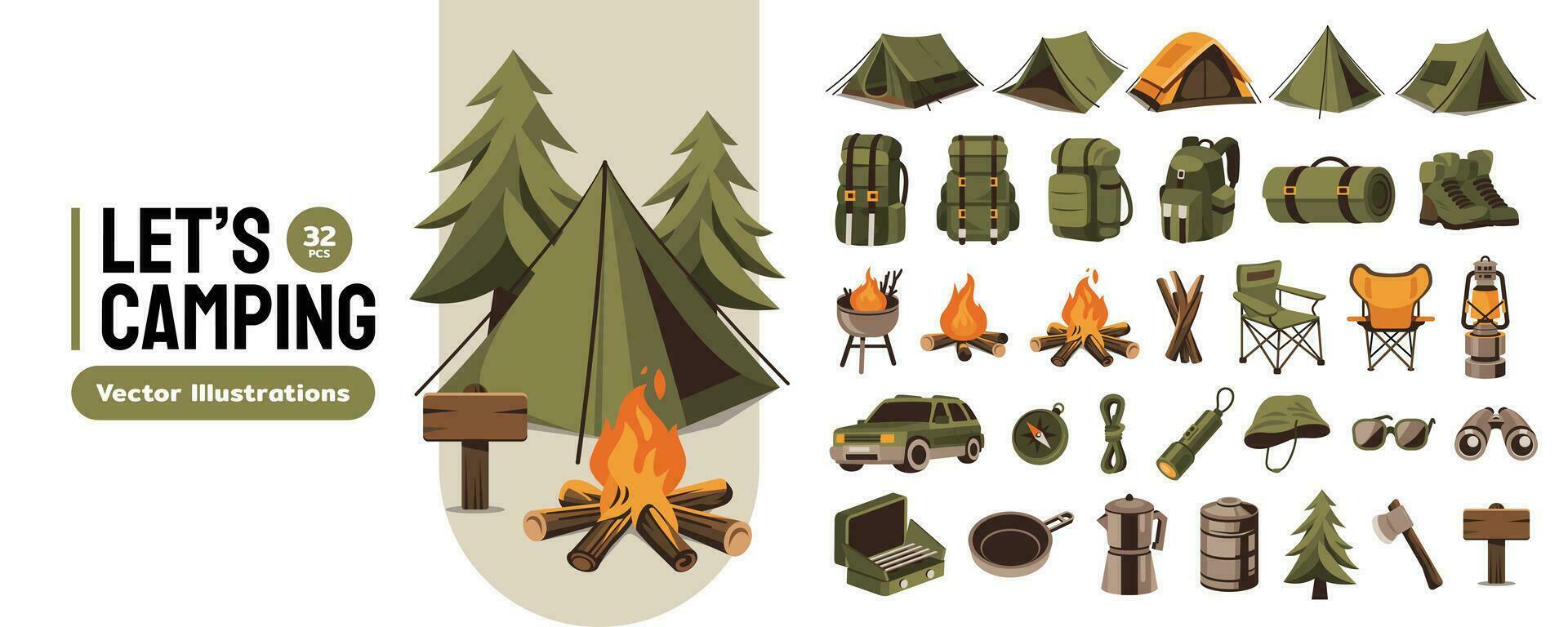 camping recreatie versnelling, apparatuur, element en gereedschap vector illustratie reeks verzameling voor buitenshuis camping avonturen themed ontwerpen