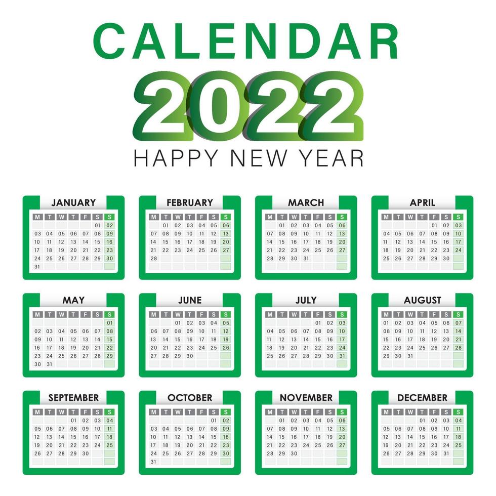 2022 kalender vector engels volledig bewerkbaar